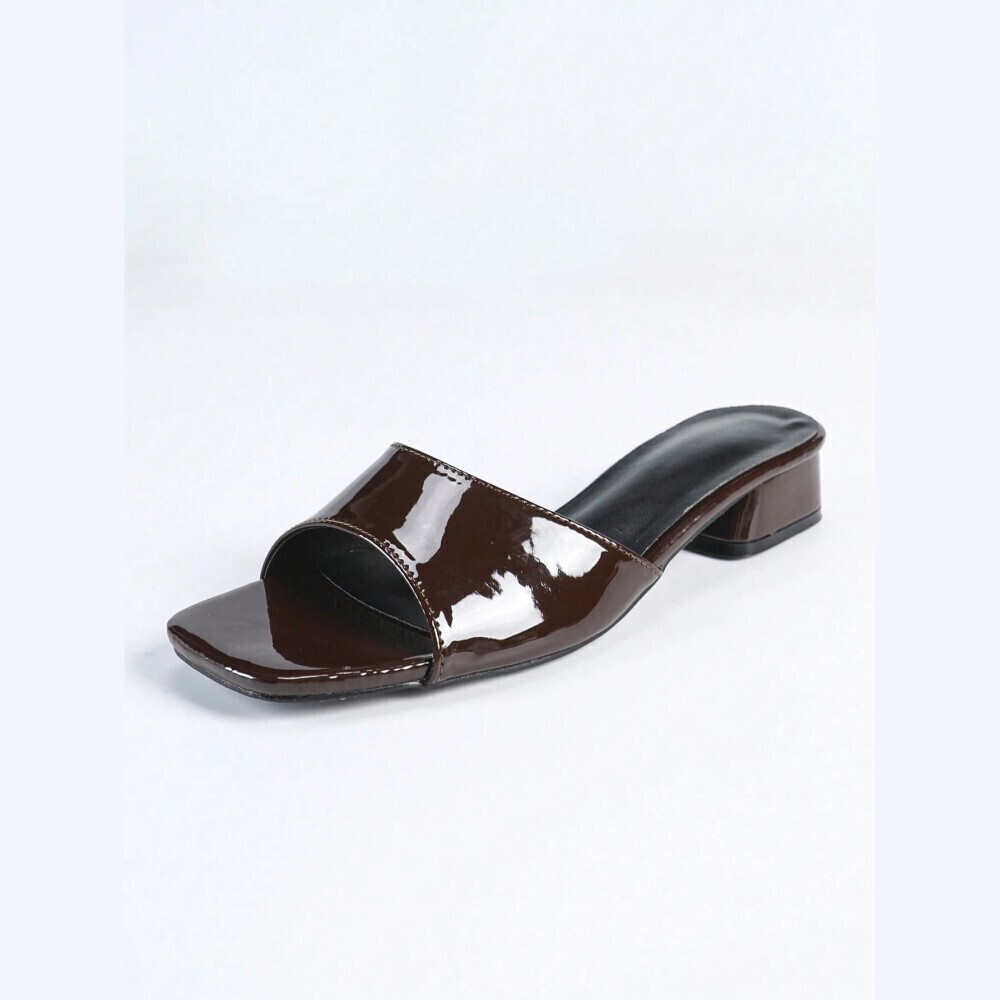 Brown Patent Square Toe Block Heel Slide Sandals